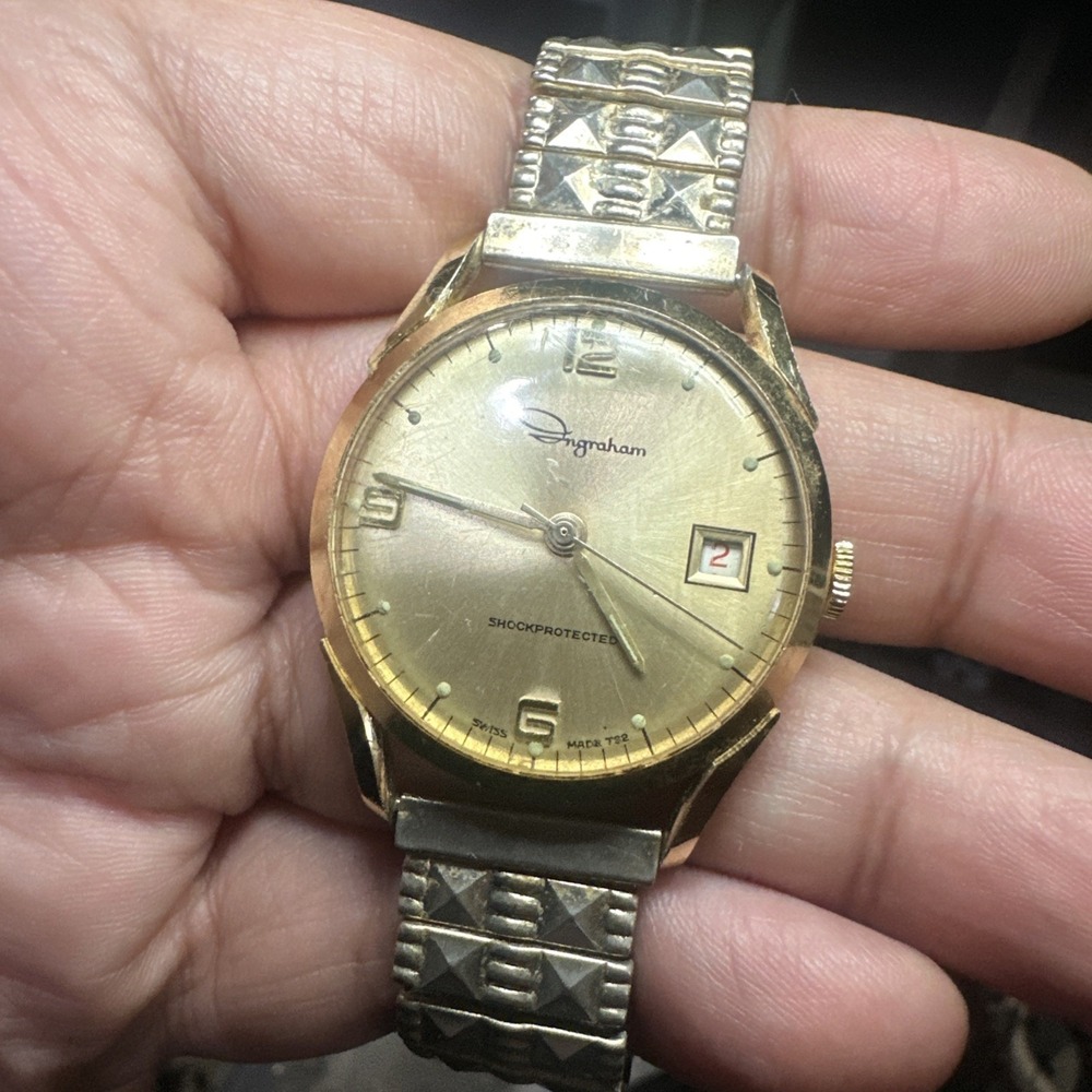 Vintage Ingraham Shockprotected Gold Tone Mens Watch Manual Wind 33mm For Repair